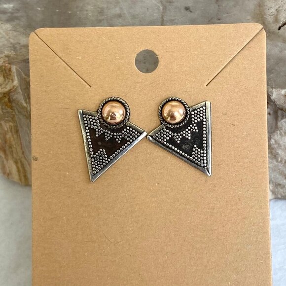 Sterling Silver 925 Gold Vermeil Bali Style Mixed Metal Triangle Stud Earrings - Picture 11 of 16